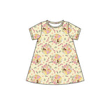 Short sleeves floral bow yellow princess kids girls dress