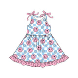 Pink sleeveless smile plaid floral ruffle kids girls dresses