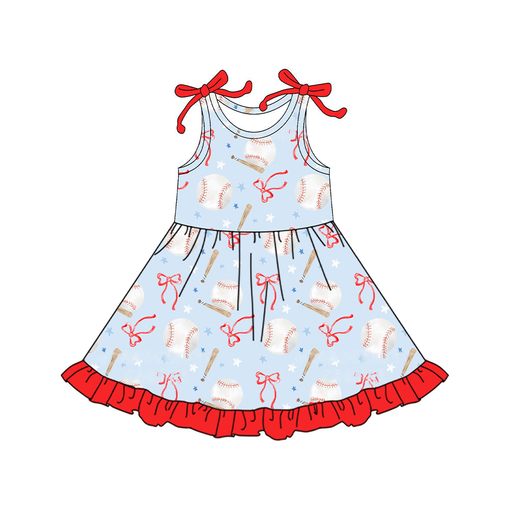 Sleeveless baseball bow ruffle kids girls dresses