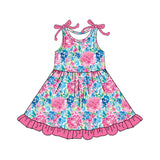 Sleeveless floral pink ruffle kids girls summer dresses