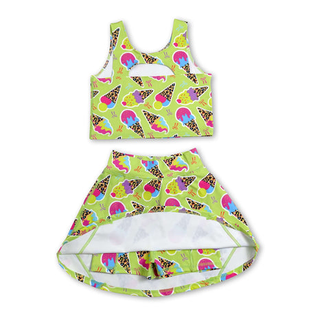 Sleeveless leopard ice cream bow girls activewear set