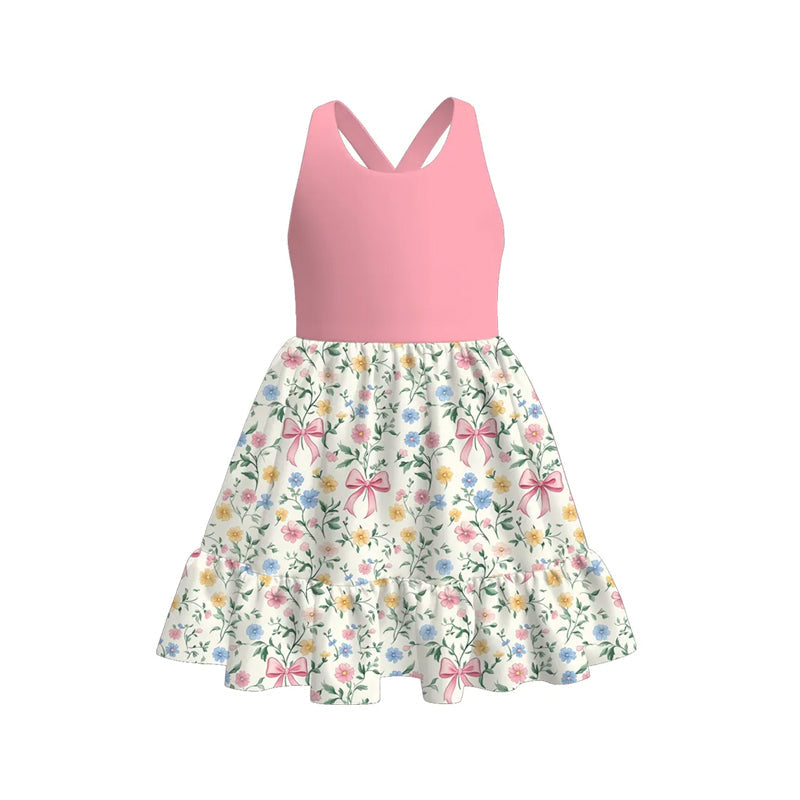 Pink straps floral bow baby girls summer dresses