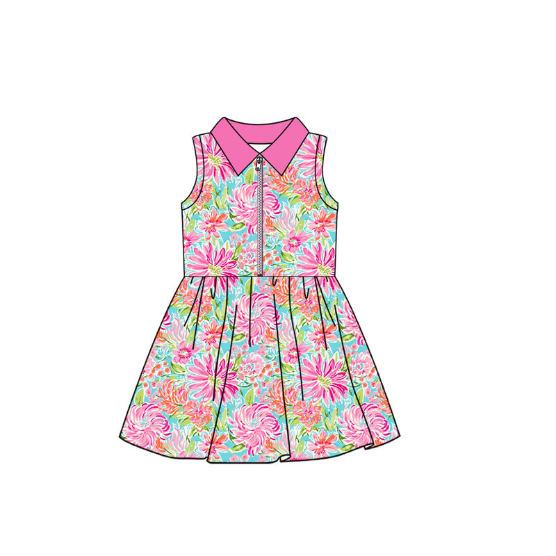 Hot pink sleeveless floral zip girls athletic dresses