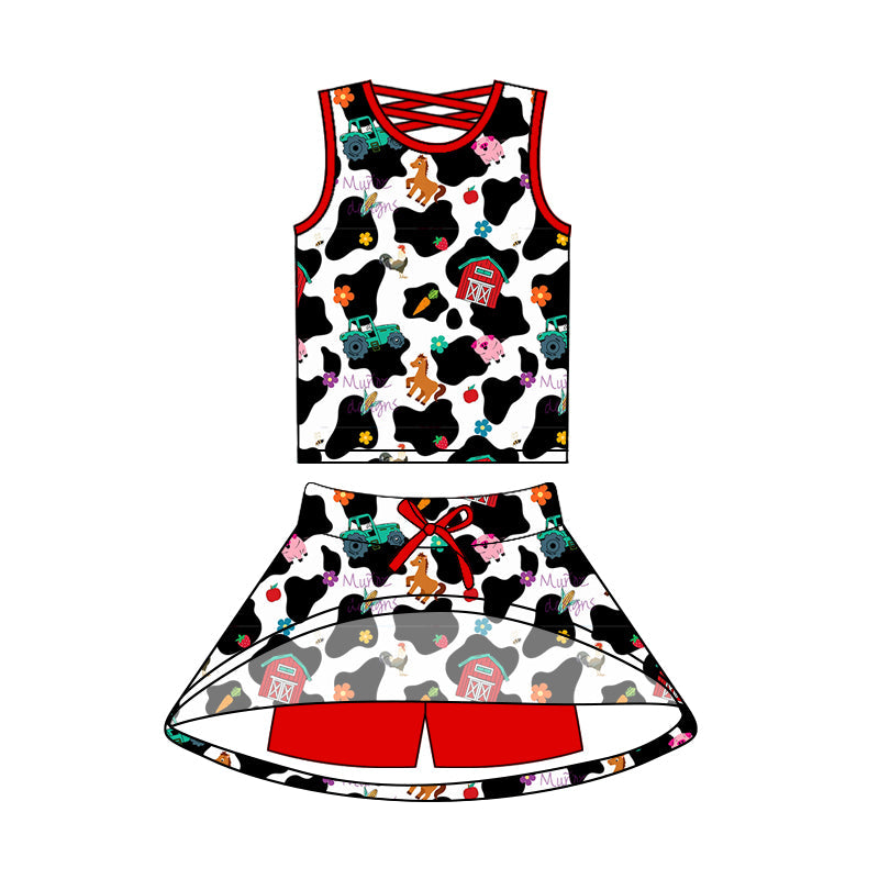 Sleeveless cow print top skirt girls farm outfits