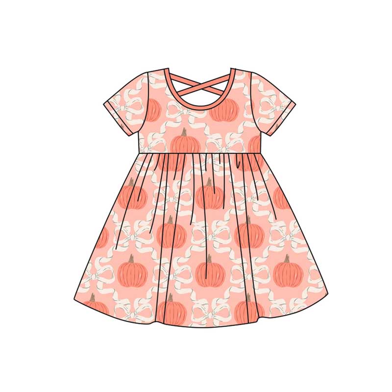 Short sleeves pumpkin bow kids girls fall dresses