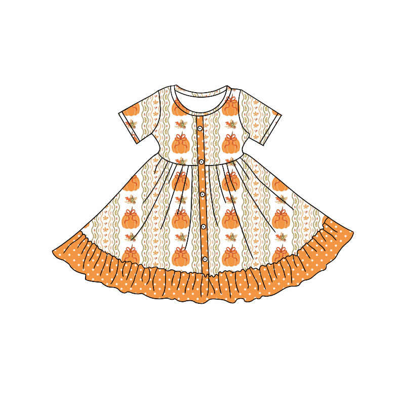 Short sleeves pumpkin bow floral kids girls fall dresses