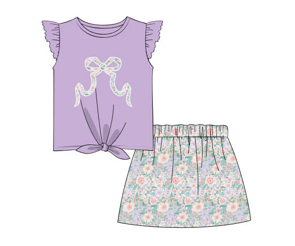 Flutter sleeves lavender bow top floral skirt girls clothes