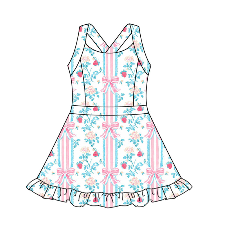 Pink stripe bow strawberry girls summer athletic dress