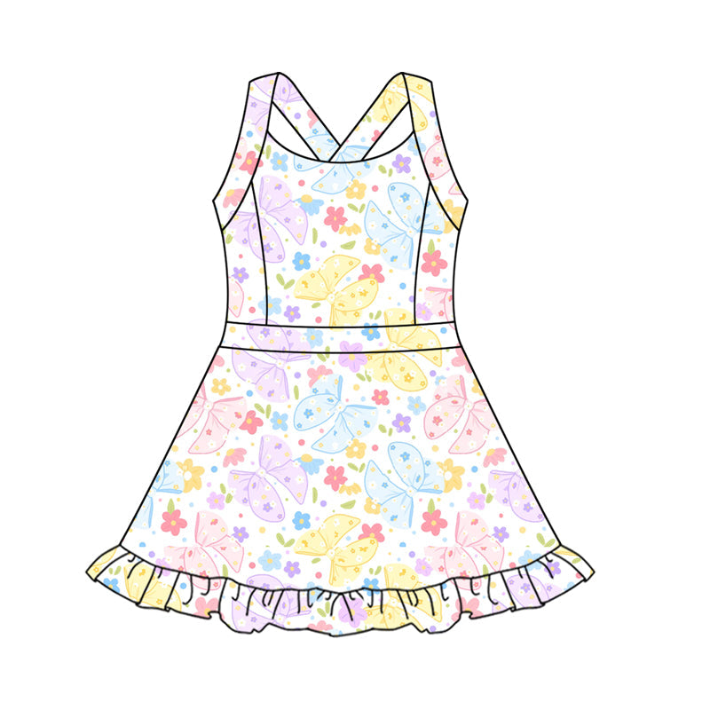 Straps colorful bow floral girls summer athletic dresses