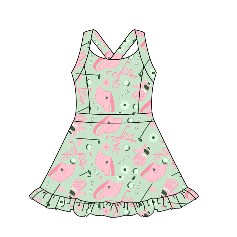 Straps green pink bow golf girls summer athletic dress