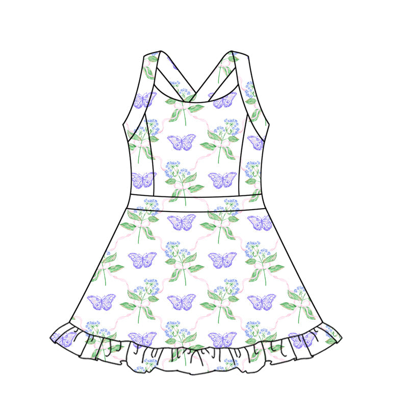 Lavender floral butterfly girls summer athletic dress