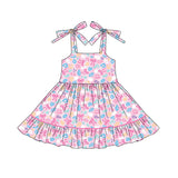 Pink straps leopard bow kids girls ruffle dresses