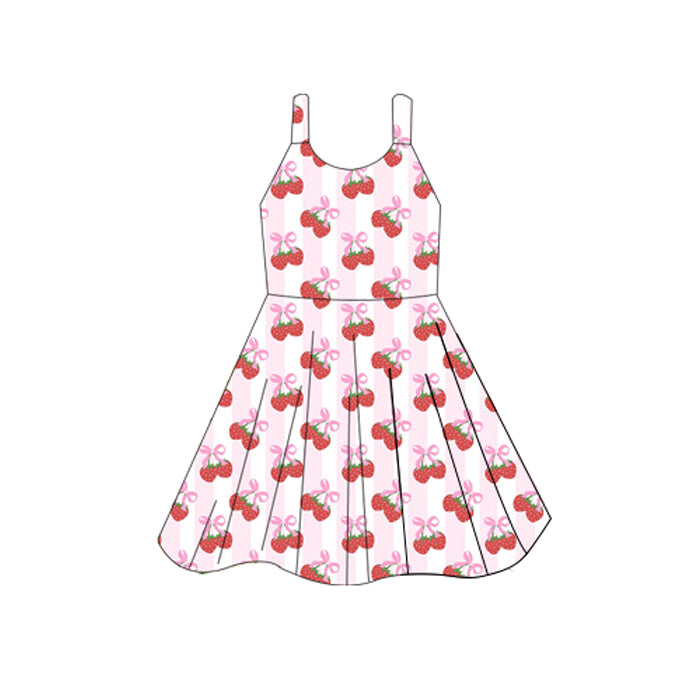 Straps pink stripe strawberry bow baby girls dresses