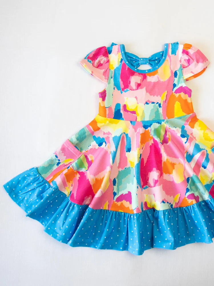Short sleeves tie dye polka dots ruffle girls dresses