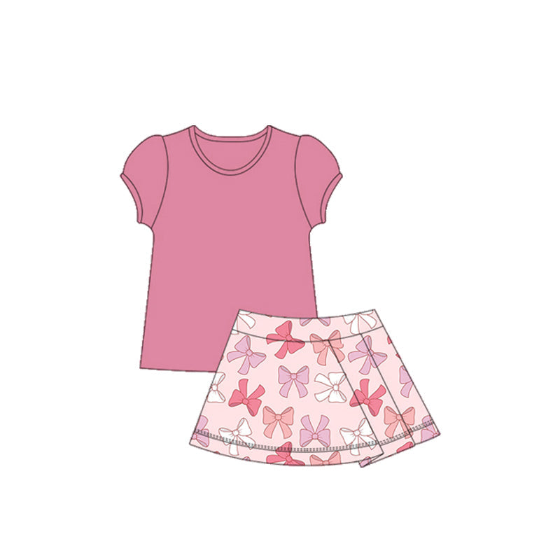 Short sleeves pink top bows skirt girls activewear set