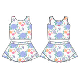 Sleeveless light blue floral top skirt girls activewear set