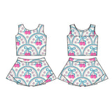 Sleeveless floral cherry bow top skirt girls activewear set
