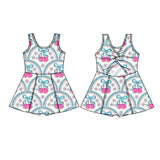 Sleeveless cherry bow floral kids girls athletic dresses