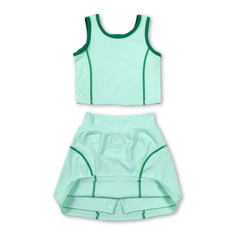 Sleeveless light green top high waist skirt girls activewear set
