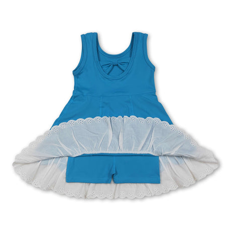 Blue sleeveless lace ruffle kids girls athletic dresses