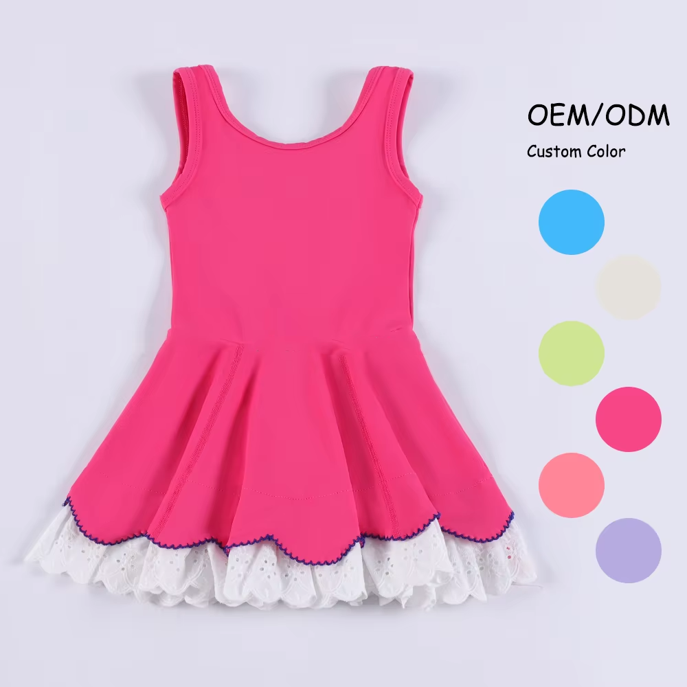 Hot pink sleeveless lace ruffle kids girls athletic dresses