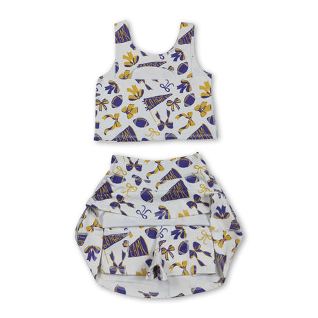 Yellow purple bow football top skirt girls activewear team set