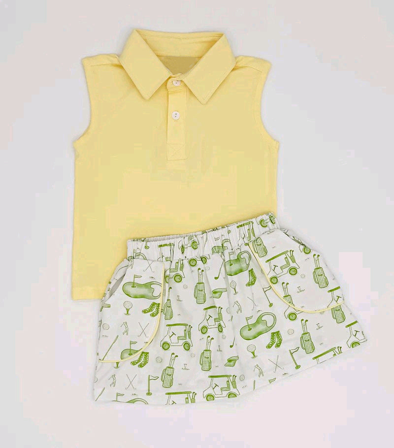 Yellow sleeveless polo shirt golf skirt girls clothing