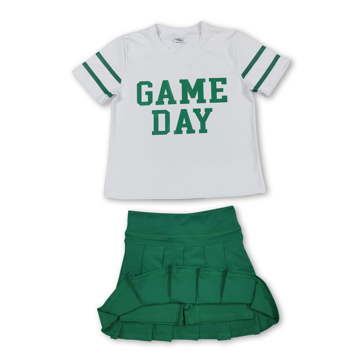 Short sleeves game day top green pleated skirt girls team clothes