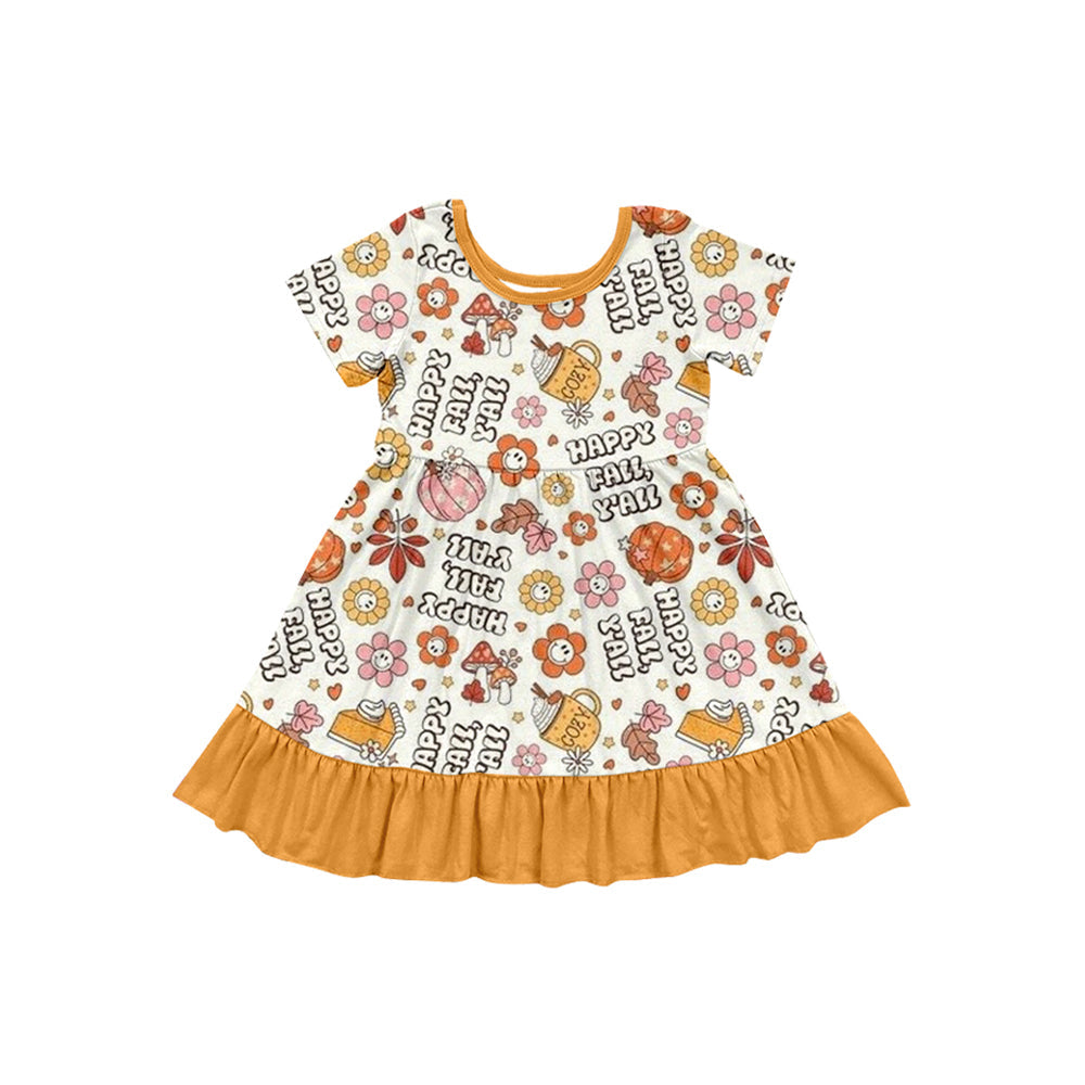 Short sleeves Happy fall y'all floral pumpkin girls dresses