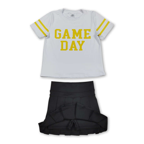 Gold game day top black pleated skirt girls team clothes