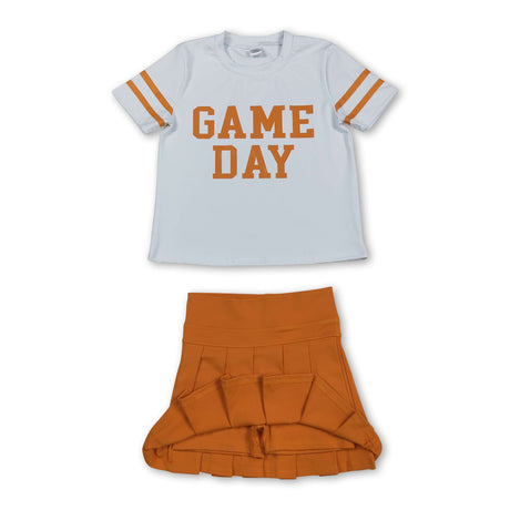 Short sleeves game day top orange pleated skirt girls team clothes