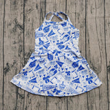 Straps blue bow football girls athletic dresses
