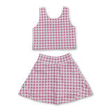 Sleeveless pink plaid top skirt girls summer clothes