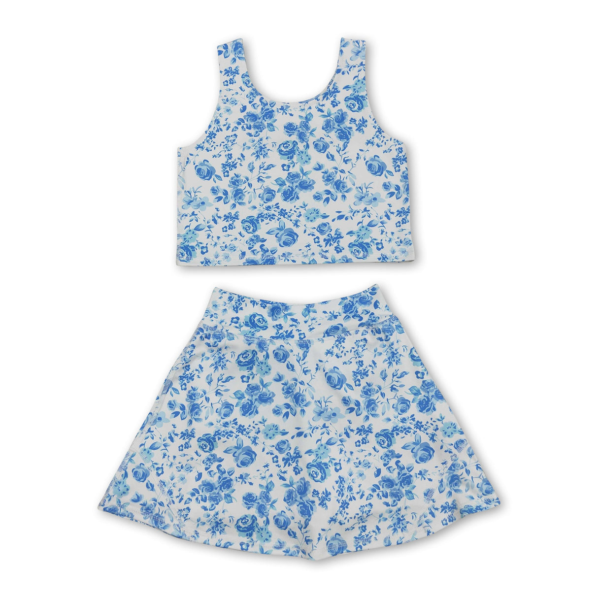 Sleeveless blue flower top skirt girls summer clothes