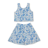 Sleeveless blue flower top skirt girls summer clothes