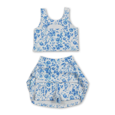 Sleeveless blue flower top skirt girls summer clothes