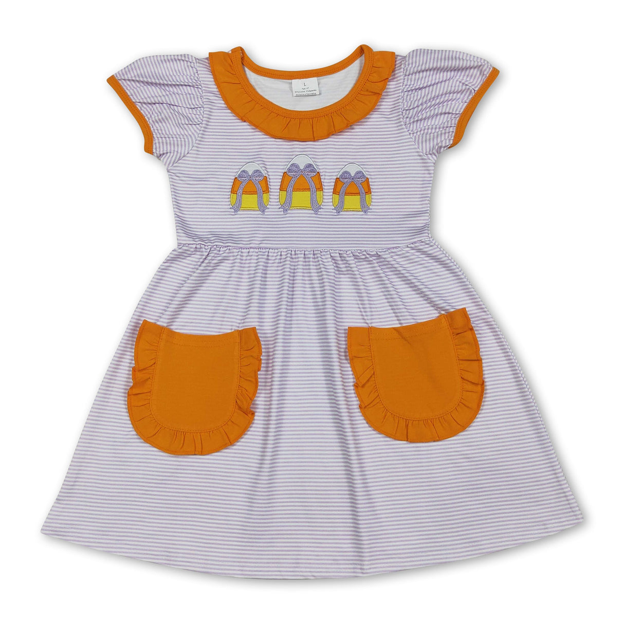 Stripe candy corn bow pockets girls Halloween dresses