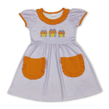 Stripe candy corn bow pockets girls Halloween dresses