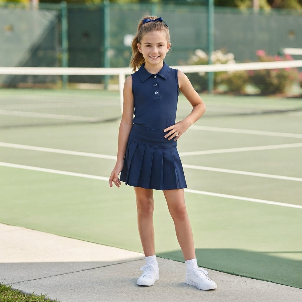Sleeveless navy polo shirt pleated skirt girls activewear set