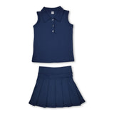 Sleeveless navy polo shirt pleated skirt girls activewear set