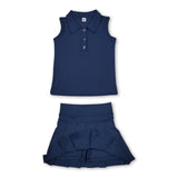 Sleeveless navy polo shirt pleated skirt girls activewear set