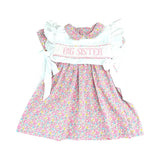 pink flowers big sister smock flying sleeve girl dress