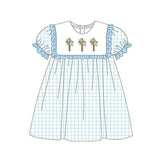 blue plaid cross  print short sleeve girl dress