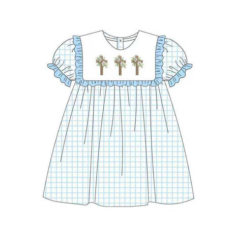 blue plaid cross  print short sleeve girl dress