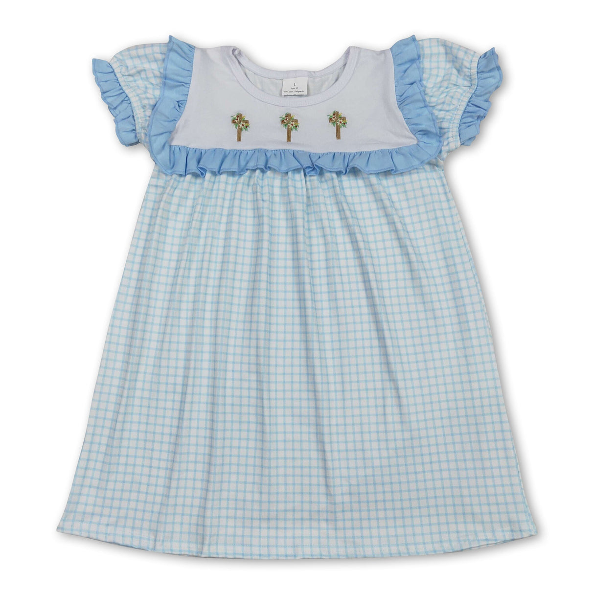 blue plaid cross  print short sleeve girl dress