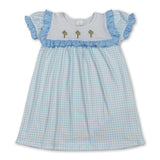 blue plaid cross  print short sleeve girl dress