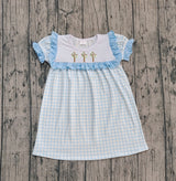 blue plaid cross  print short sleeve girl dress