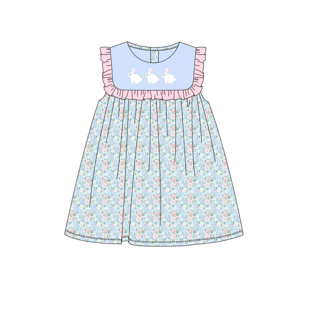 blue flowers easter rabbit polka girl dress