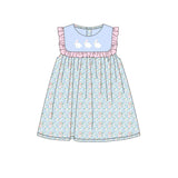 blue flowers easter rabbit polka girl dress