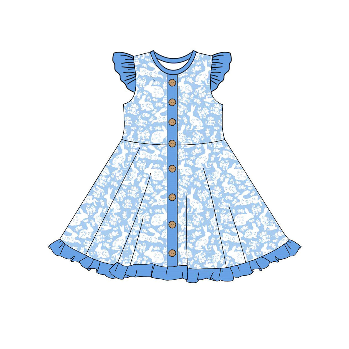 blue flowers easter rabbit girl flying sleeve dress